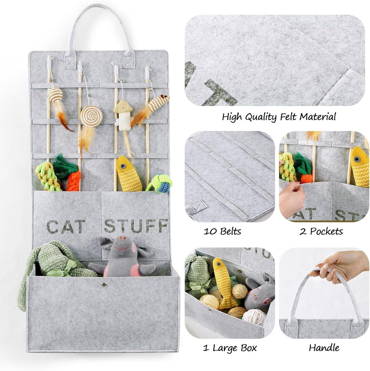 Pet Toy Storage Bag, Foldable Hanging Cat Toy Organizer, Multi-functional Felt Storage Bag for Home Use, Grey, 80x40x20cm