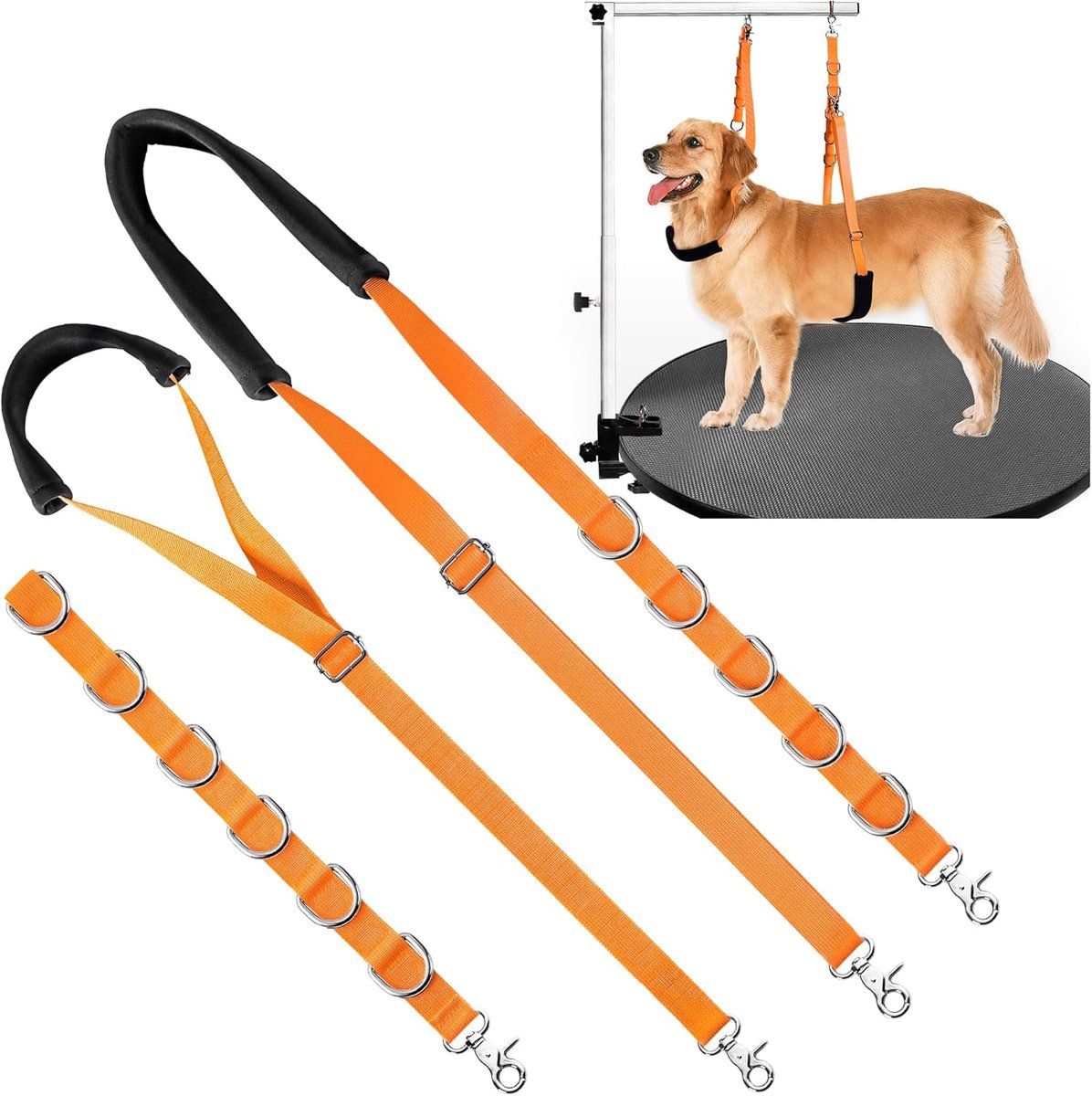 Dog Grooming Strap with Clip, Adjustable Grooming Loop No Sit Leash for Grooming Table Arm, Dog Restraint Ring for Bathing Trimming, for Small to Medium Dogs, Orange
