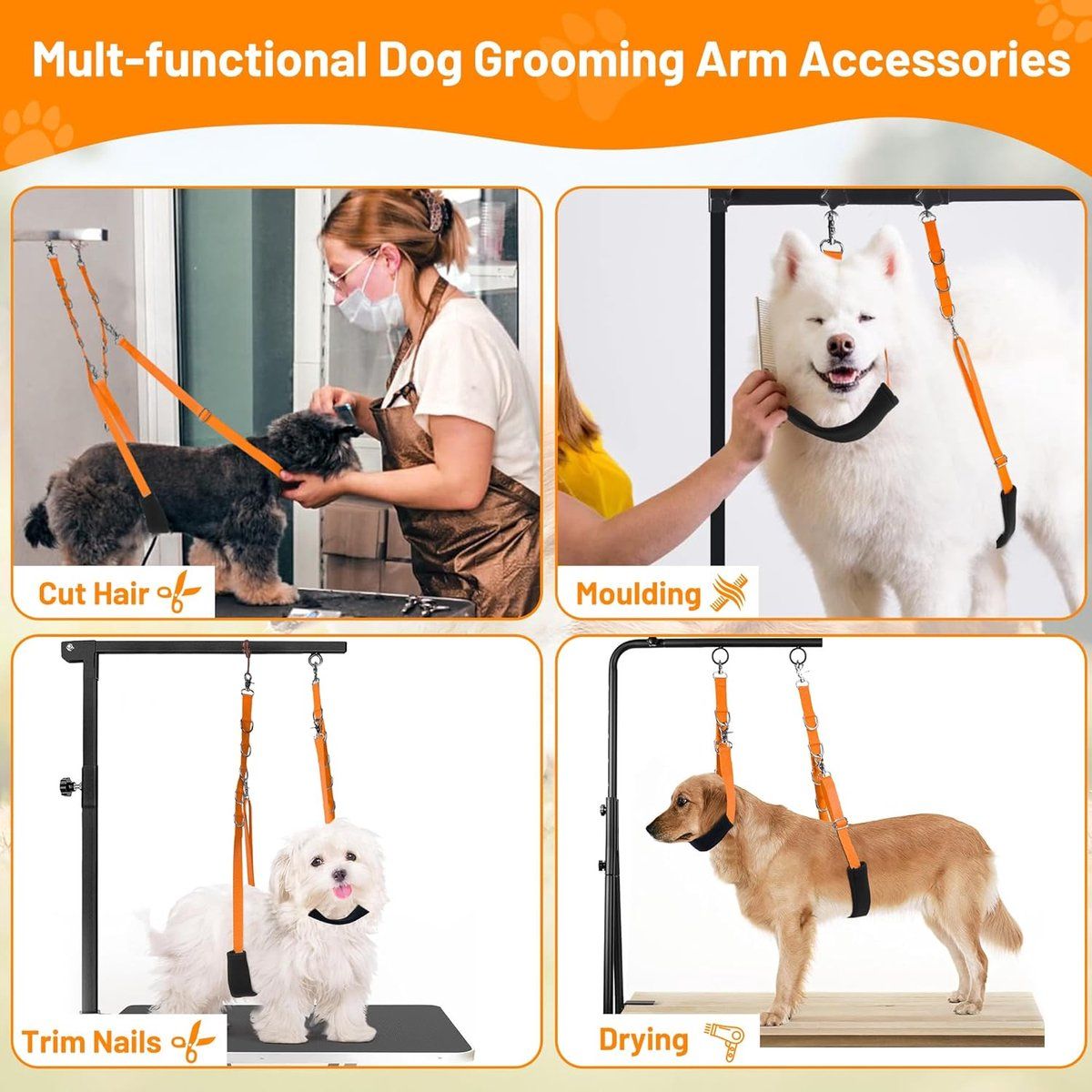 Dog Grooming Strap with Clip, Adjustable Grooming Loop No Sit Leash for Grooming Table Arm, Dog Restraint Ring for Bathing Trimming, for Small to Medium Dogs, Orange