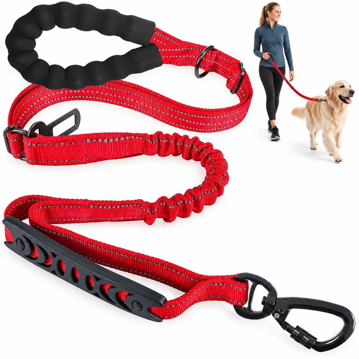 Shock-Absorbing Anti-Tangle Elastic Dog Training Leash for Large Dogs up to 49.9 kg, Red, 1.9 m