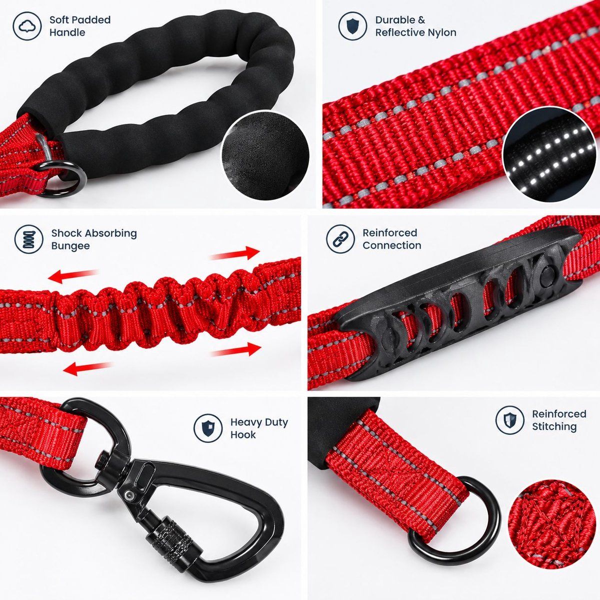 Shock-Absorbing Anti-Tangle Elastic Dog Training Leash for Large Dogs up to 49.9 kg, Red, 1.9 m