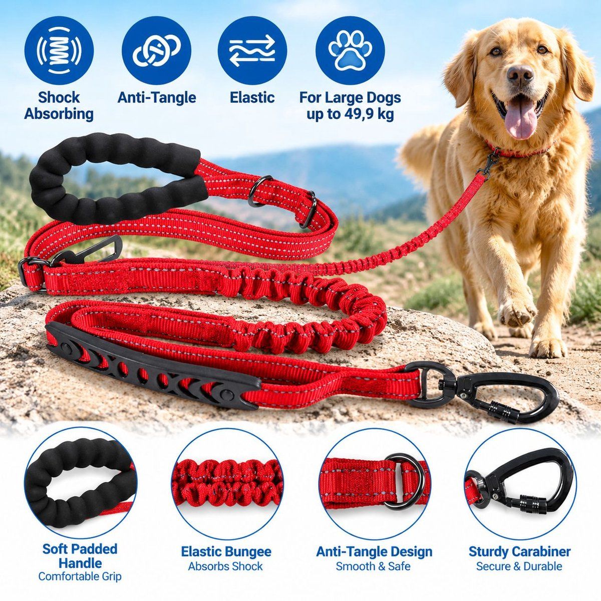 Shock-Absorbing Anti-Tangle Elastic Dog Training Leash for Large Dogs up to 49.9 kg, Red, 1.9 m