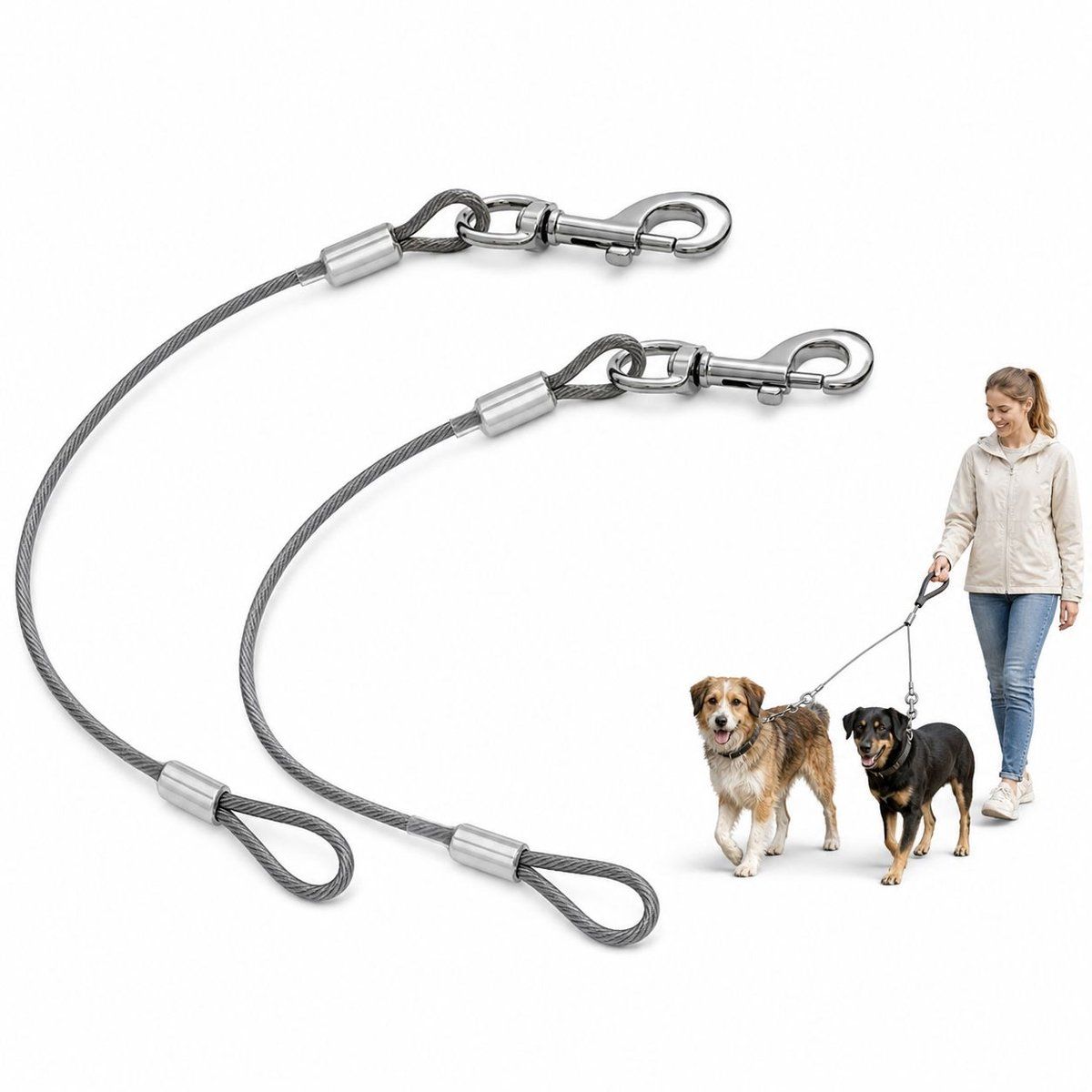 2 Pack Dog Leash Metal Cable, Bite-Resistant Tangle-Free Leash for Walking and Training