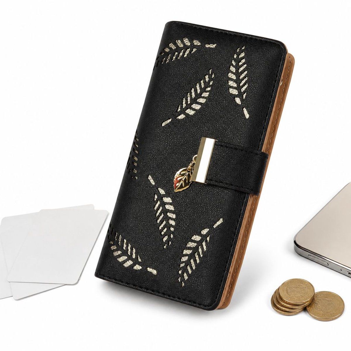 Women's Bifold Wallet with 12 Card Slots and Zipper Pocket, Matte PU Leather Phone Wallet, Leaf Hollow Design, Black