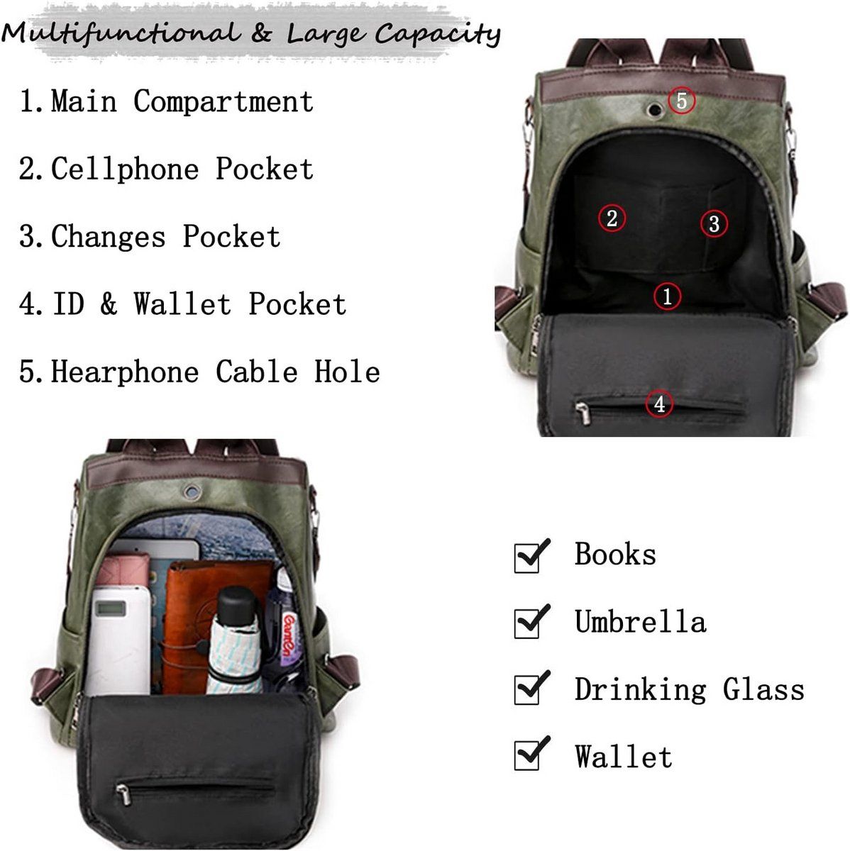 Women's Leather Backpack Waterproof Anti-Theft Casual Daypack for School Work Travel, 12 Inch