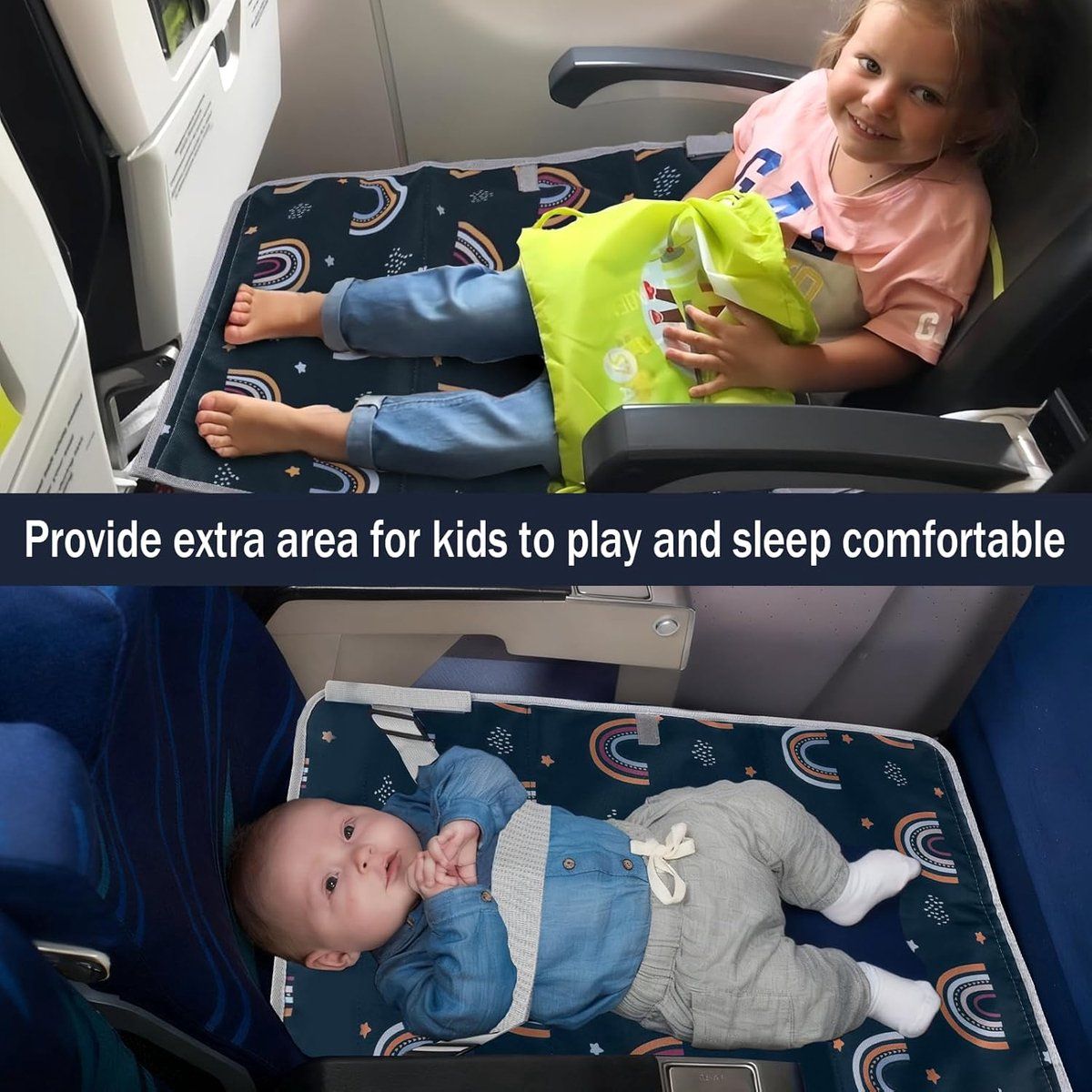 Kids Airplane Bed Portable Baby Flight Footrest Breathable Travel Seat Extender for Toddlers Sleeping, 76x44.5 cm