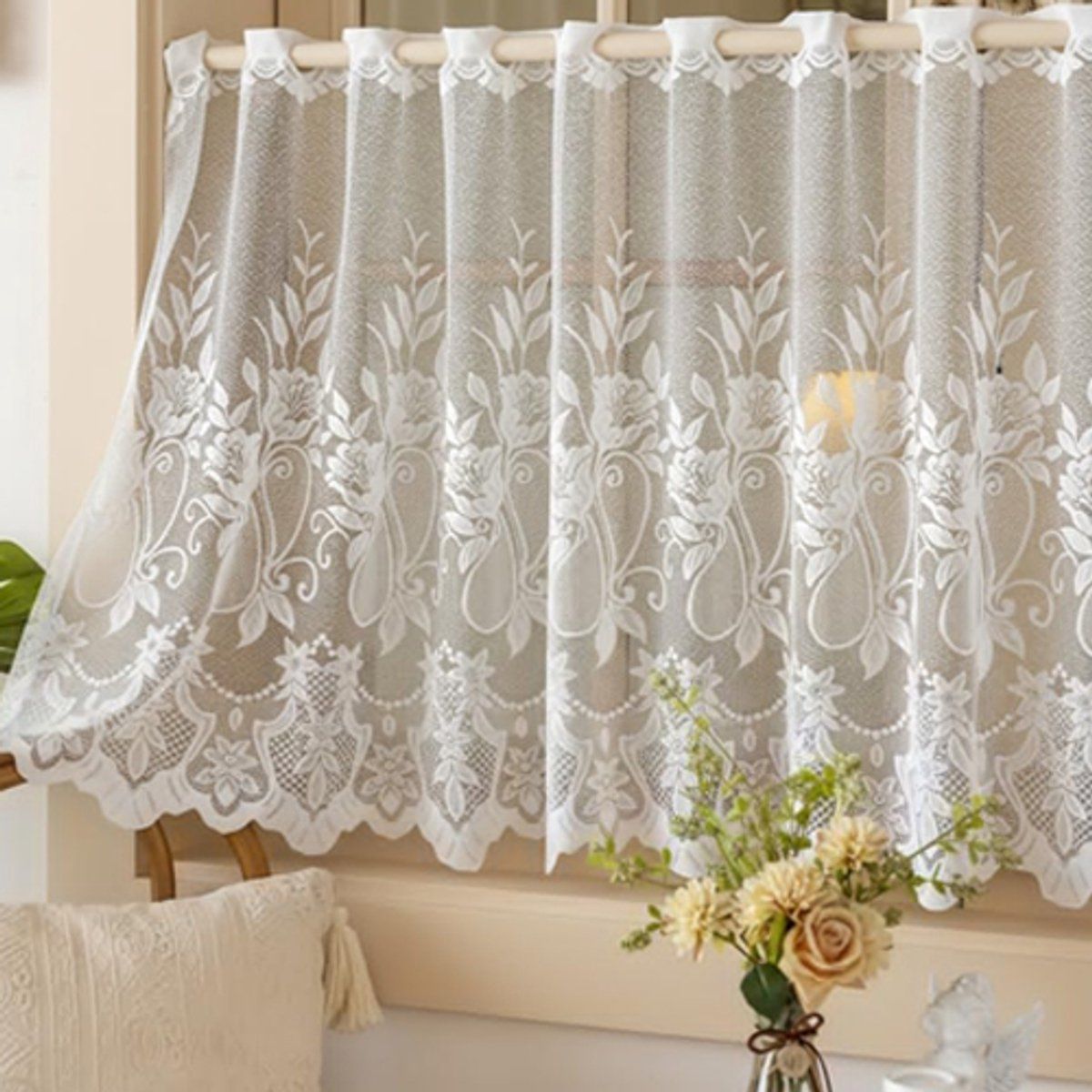 2 Pack Embroidered Lace Cafe Curtains, Country Style Sheer Half Window Curtains for Kitchen Living Room, Light Filtering, White, Style 2, 180x70cm