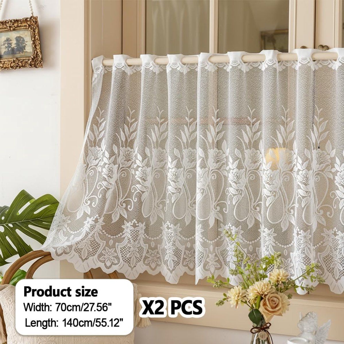 2 Pack Embroidered Lace Cafe Curtains, Country Style Sheer Half Window Curtains for Kitchen Living Room, Light Filtering, White, Style 2, 180x70cm