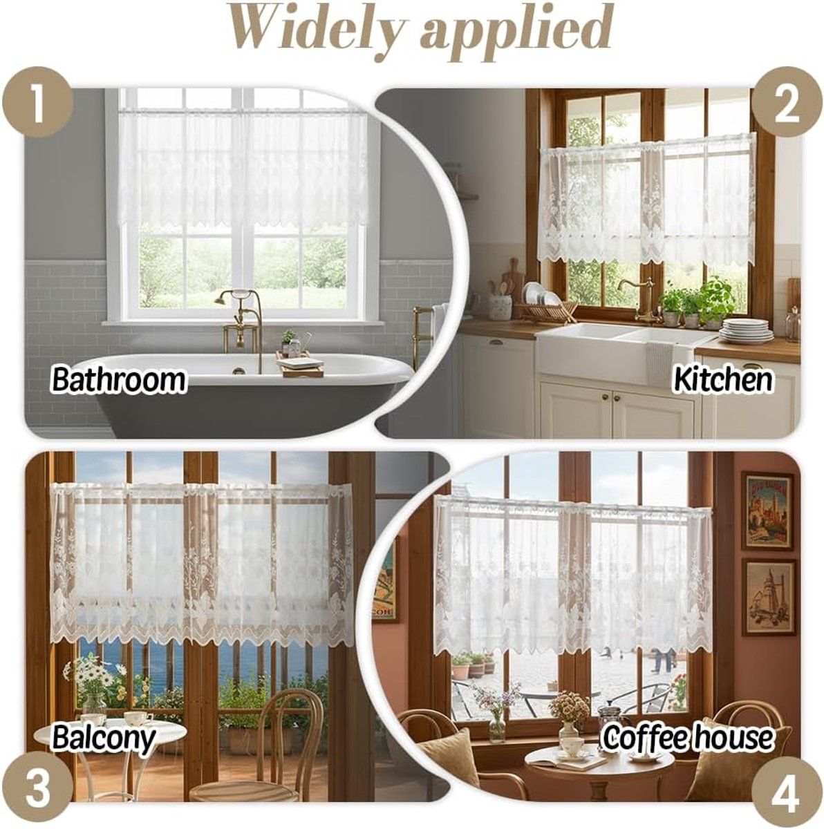 2 Pack Embroidered Lace Cafe Curtains, Country Style Sheer Half Window Curtains for Kitchen Living Room, Light Filtering, White, Style 2, 180x70cm