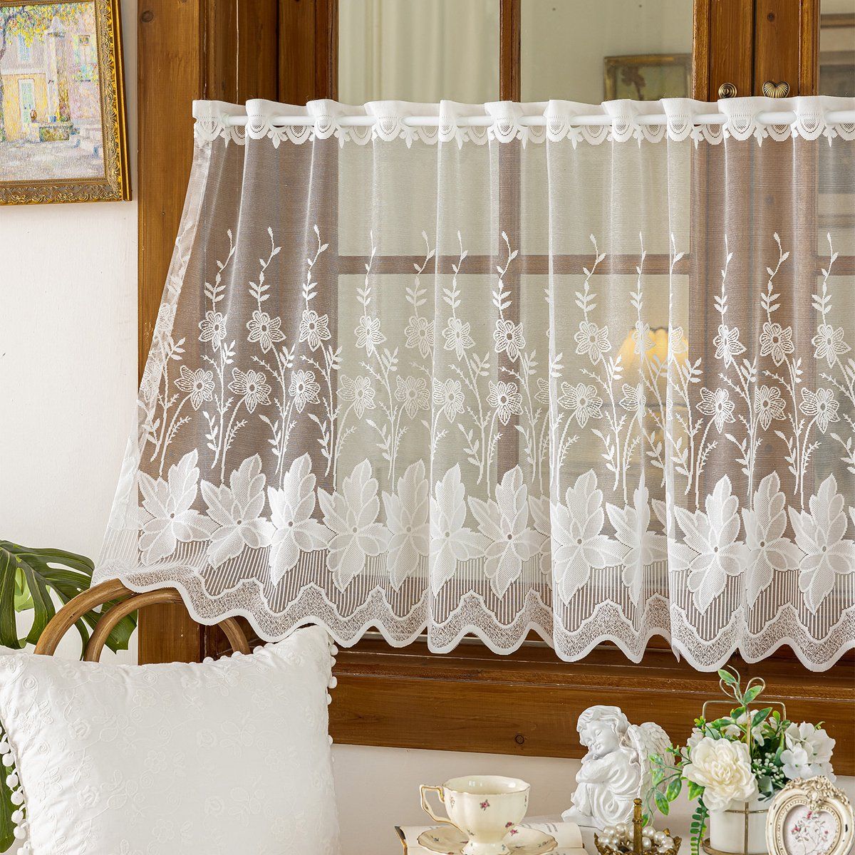 2 Pack Embroidered Lace Tier Curtains, Sheer Voile Valance for Kitchen Living Room Bedroom, White, 140x70cm