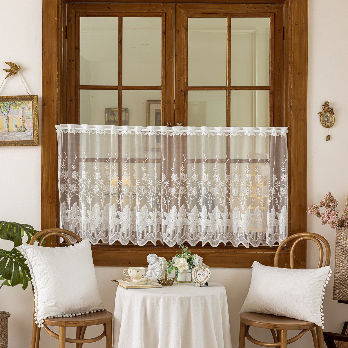 2 Pack Embroidered Lace Tier Curtains, Sheer Voile Valance for Kitchen Living Room Bedroom, White, 140x70cm