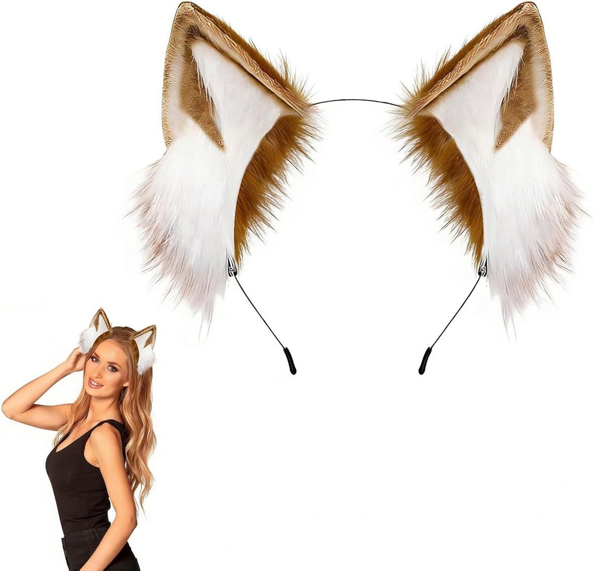 Fox Ears Headband, Brown and White Furry Animal Ear Clips for Cosplay, Halloween Costume and Carnival Accessories for Women and Girls