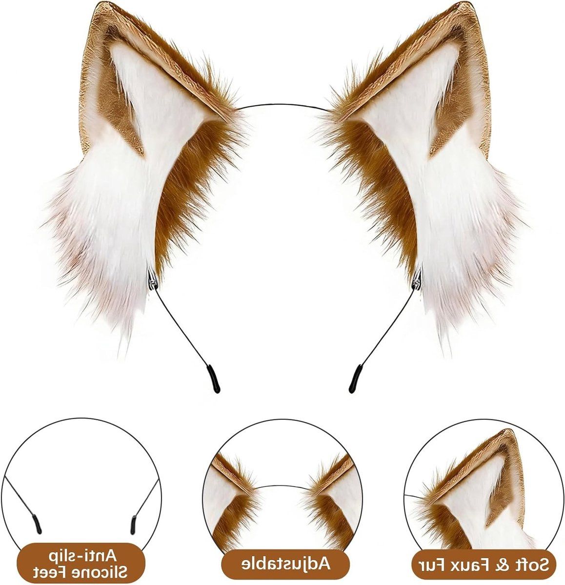 Fox Ears Headband, Brown and White Furry Animal Ear Clips for Cosplay, Halloween Costume and Carnival Accessories for Women and Girls