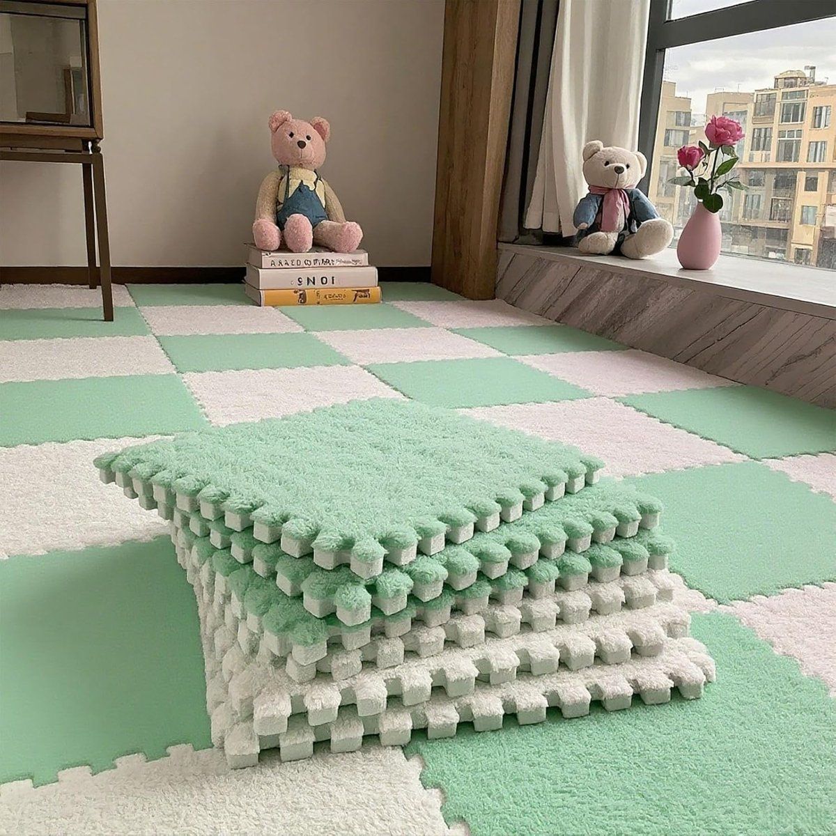 6 Plush Interlocking EVA Foam Puzzle Floor Tiles, Anti-Slip Crawling Play Mat for Kids Bedroom, Green White, 30x30x1cm