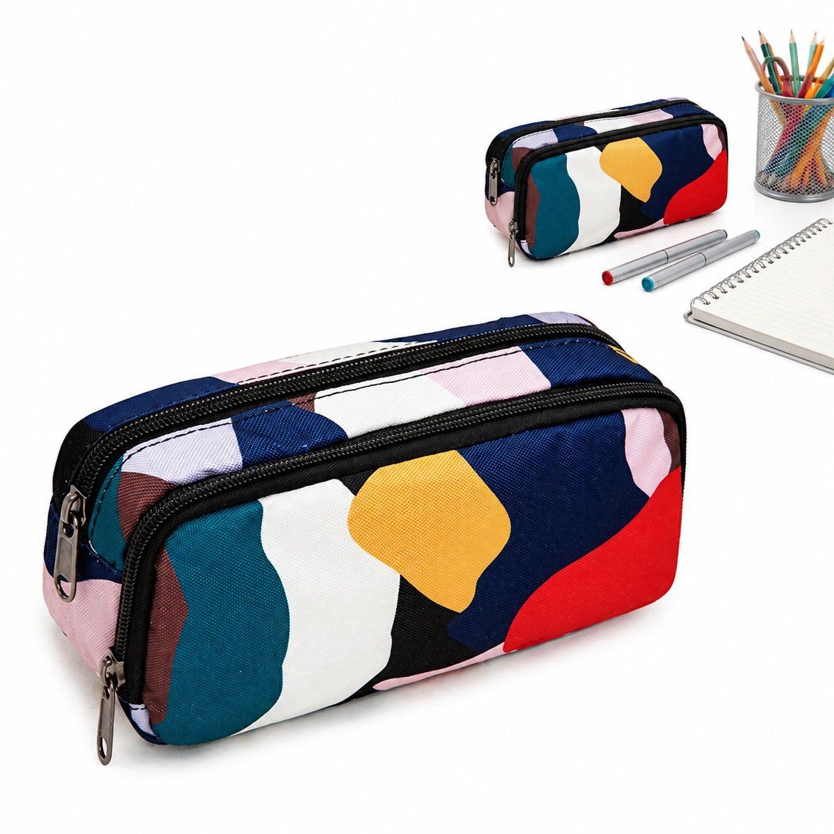 Large Pencil Case for School, Double Zipper Pen Bag Stationery Organizer for Boys and Girls, Colorful Geometric
