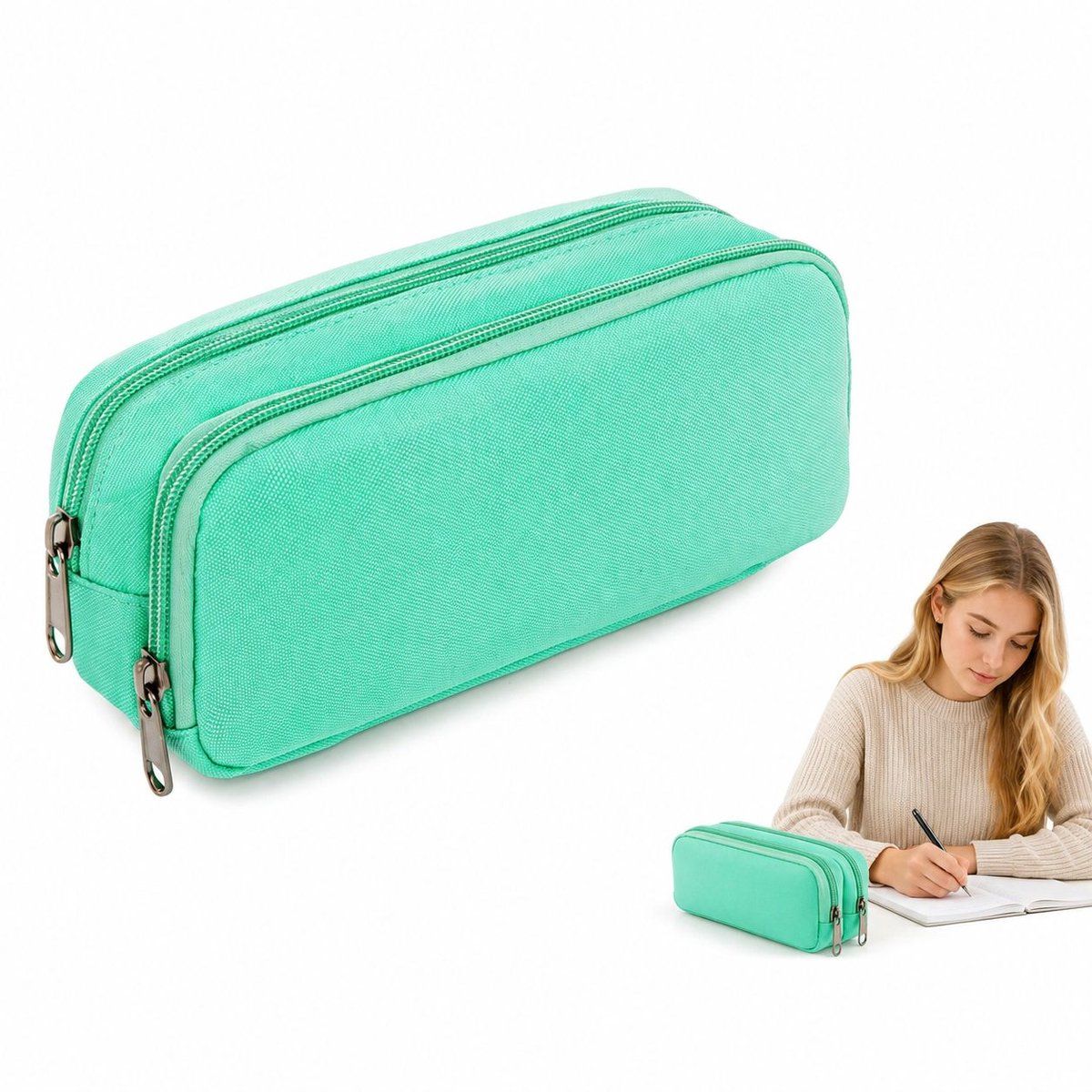 Large Pencil Case for School, Spacious Stationery Organizer Pouch for Boys and Girls, Double Zipper Pen Bag for Middle School Students, Turquoise Green