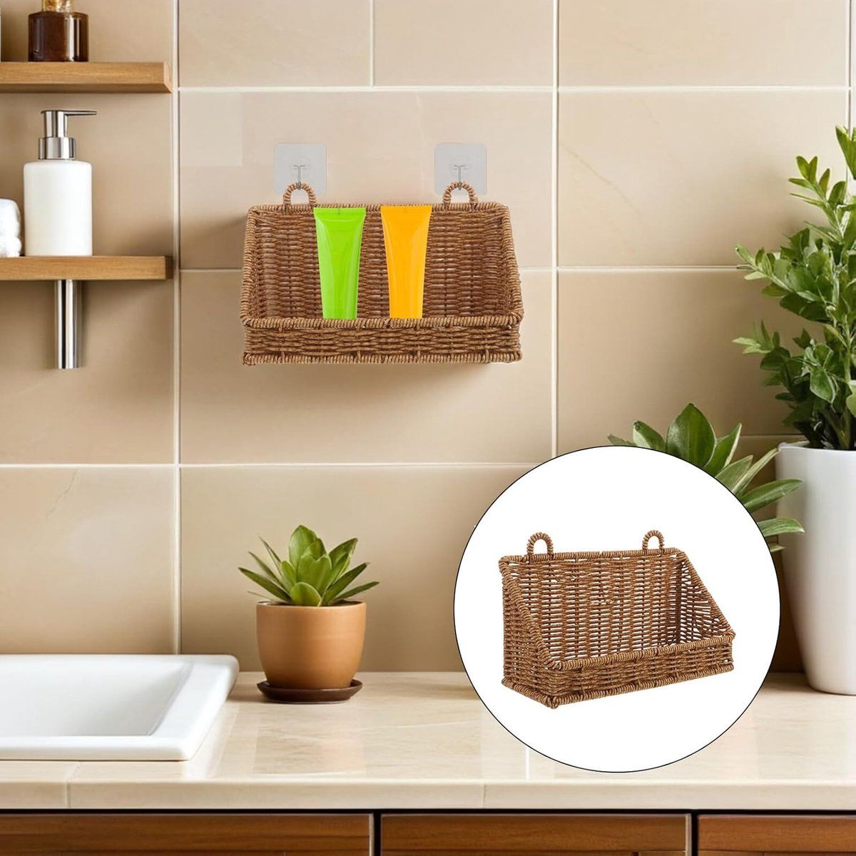 Wicker Wall Hanging Basket, Storage Basket Organizer for Bathroom Kitchen Cabinet Door Small Spaces, Plastic Woven Look No Drill Wall Shelf, 25x10x13cm