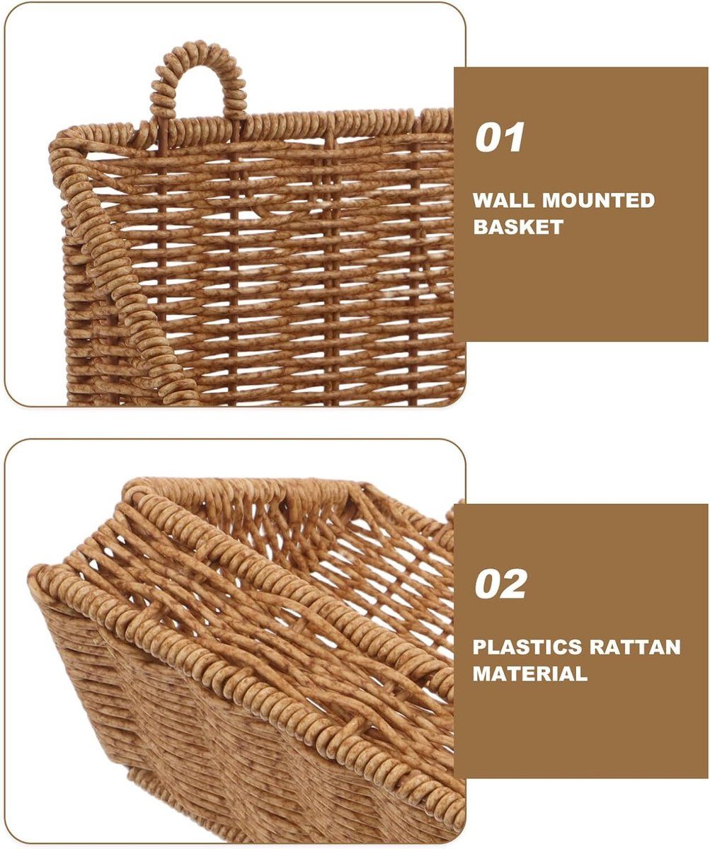Wicker Wall Hanging Basket, Storage Basket Organizer for Bathroom Kitchen Cabinet Door Small Spaces, Plastic Woven Look No Drill Wall Shelf, 25x10x13cm