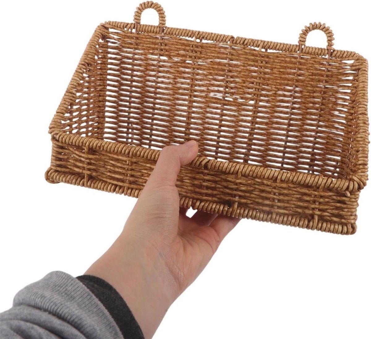 Wicker Wall Hanging Basket, Storage Basket Organizer for Bathroom Kitchen Cabinet Door Small Spaces, Plastic Woven Look No Drill Wall Shelf, 25x10x13cm