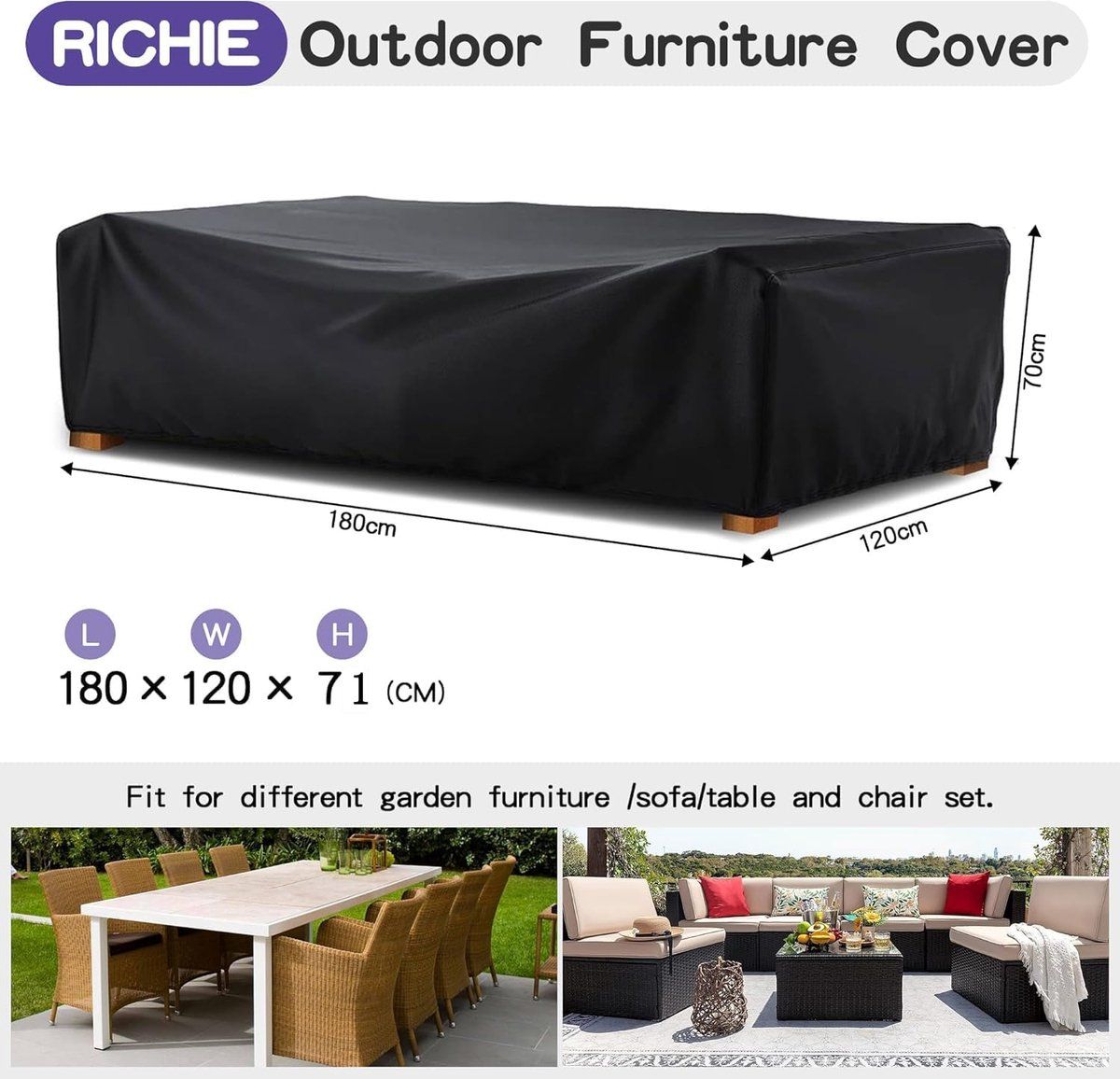 Outdoor Garden Furniture Cover Waterproof Anti-UV Rectangular Patio Table Cover for Rattan Furniture Sets, 180x120x71cm, Black