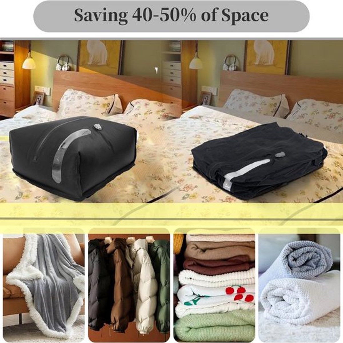 Travel Compression Vacuum Bag, Reusable Space Saving Storage Bag with Waterproof Zipper for Suitcase and Hand Luggage, Black, 17L