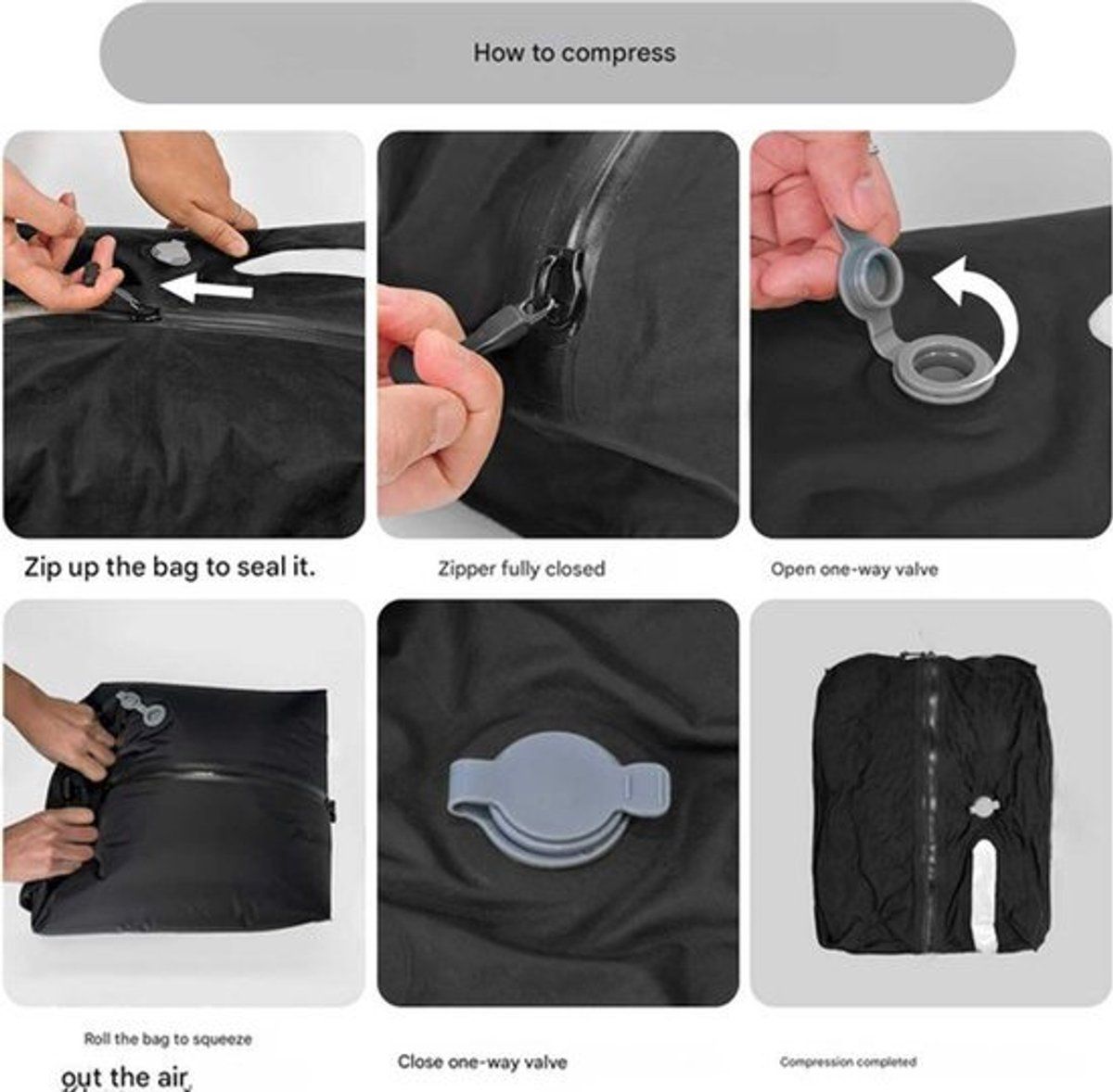 Travel Compression Vacuum Bag, Reusable Space Saving Storage Bag with Waterproof Zipper for Suitcase and Hand Luggage, Black, 17L