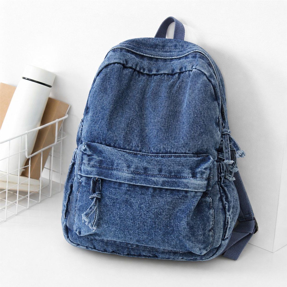 Denim Backpack, Lightweight Durable Daypack for School and Work, Stylish Jeans Fabric Bag for Women and Men, Blue