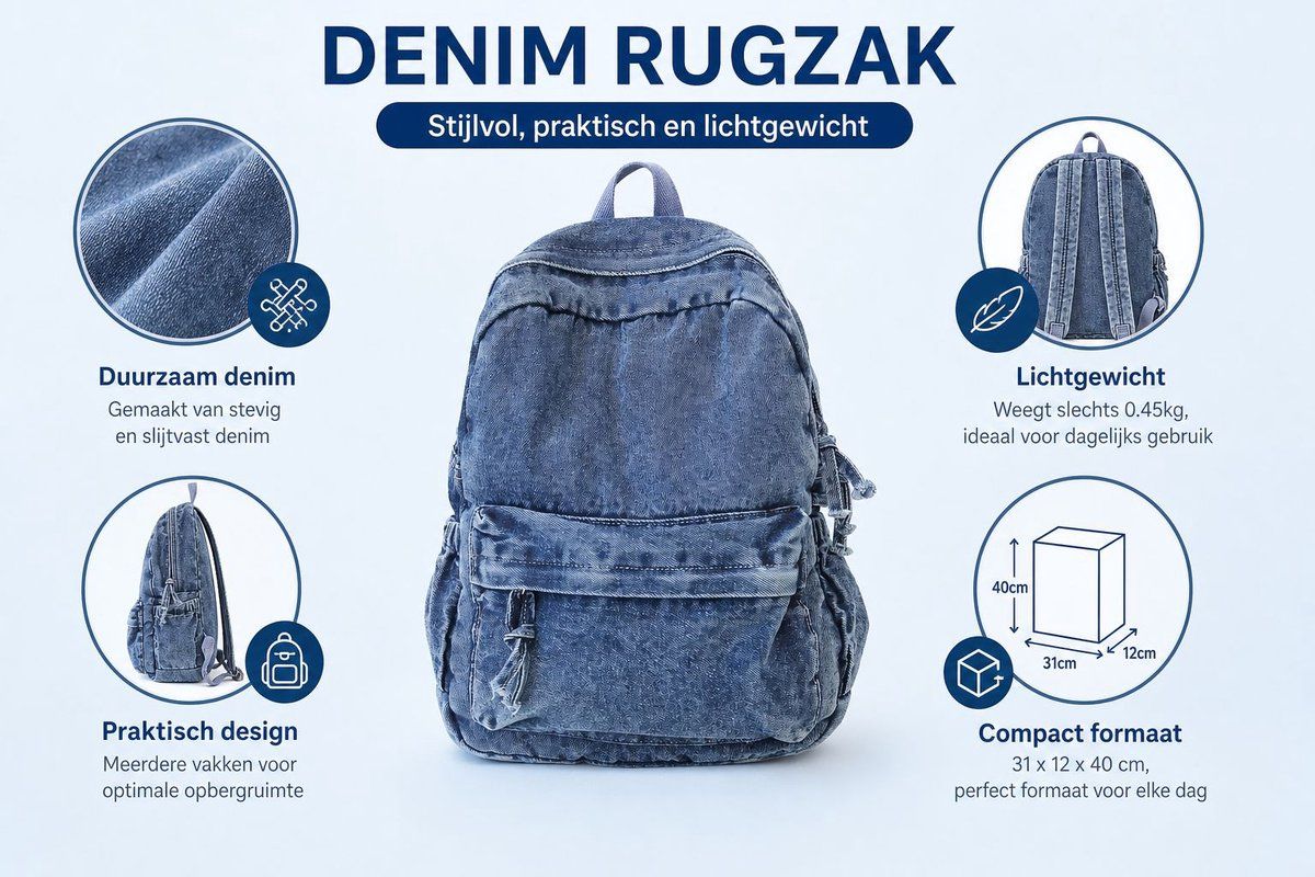 Denim Backpack, Lightweight Durable Daypack for School and Work, Stylish Jeans Fabric Bag for Women and Men, Blue