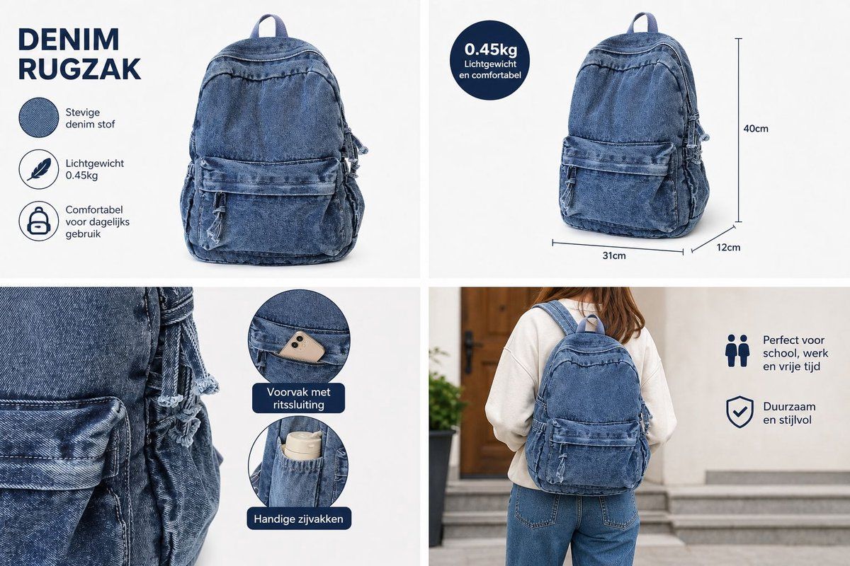 Denim Backpack, Lightweight Durable Daypack for School and Work, Stylish Jeans Fabric Bag for Women and Men, Blue