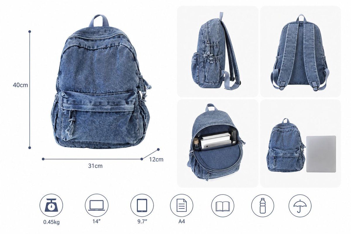 Denim Backpack, Lightweight Durable Daypack for School and Work, Stylish Jeans Fabric Bag for Women and Men, Blue