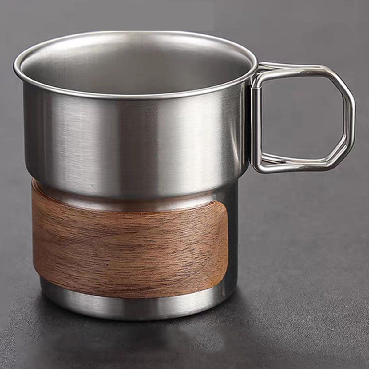 Stainless Steel Camping Mug 330ml Outdoor Cup with Wooden Sleeve Foldable Handle for Hiking Silver, 6.5x8x8.5cm