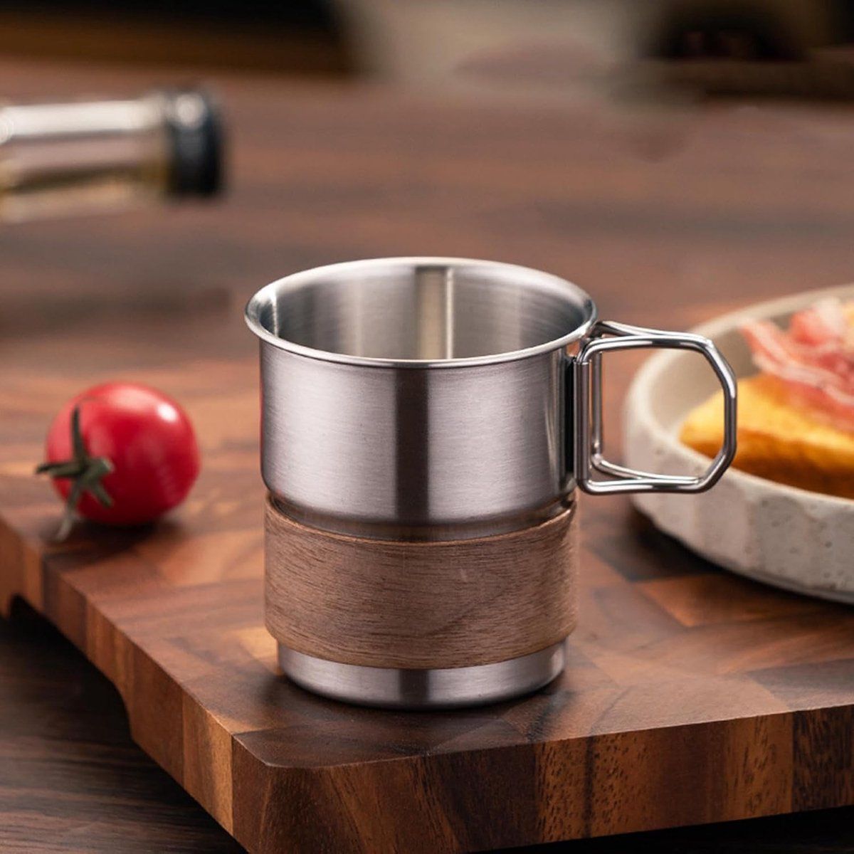 Stainless Steel Camping Mug 330ml Outdoor Cup with Wooden Sleeve Foldable Handle for Hiking Silver, 6.5x8x8.5cm