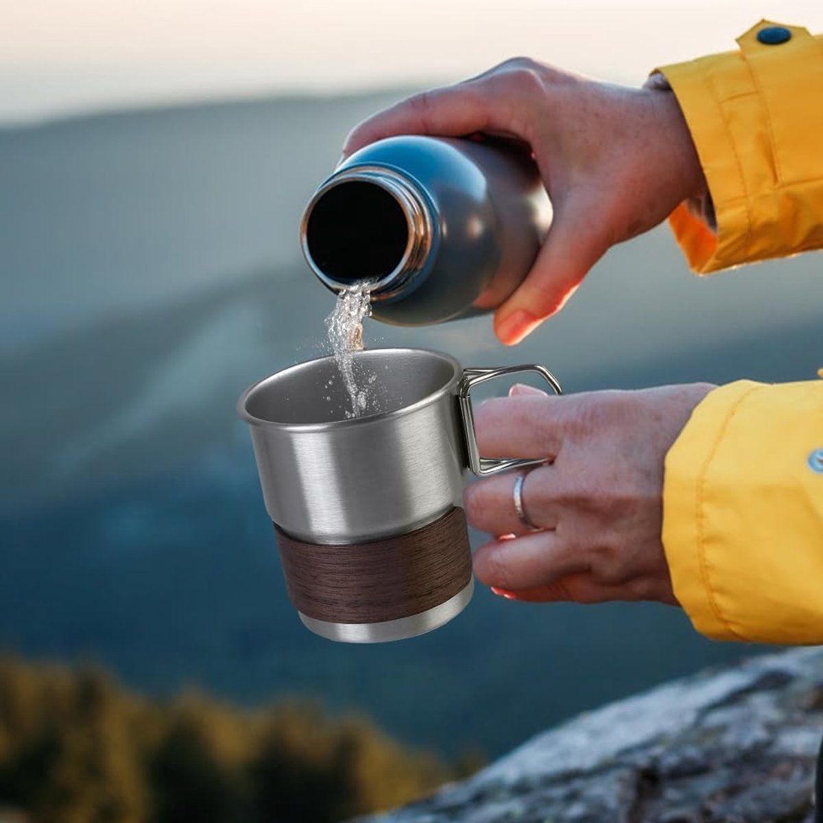 Stainless Steel Camping Mug 330ml Outdoor Cup with Wooden Sleeve Foldable Handle for Hiking Silver, 6.5x8x8.5cm