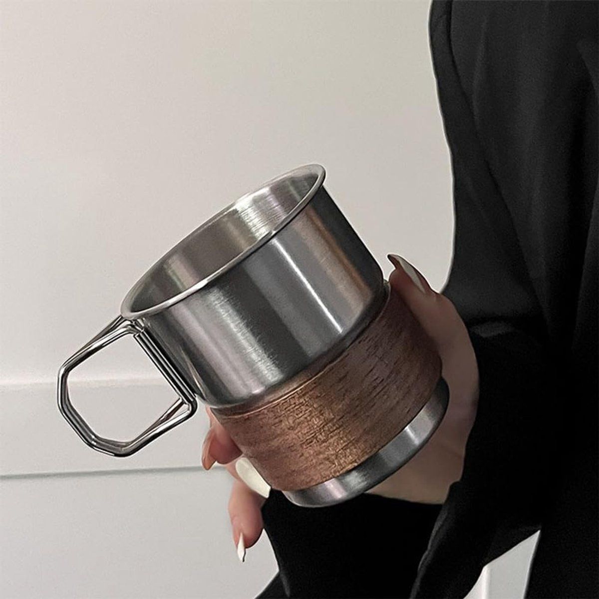 Stainless Steel Camping Mug 330ml Outdoor Cup with Wooden Sleeve Foldable Handle for Hiking Silver, 6.5x8x8.5cm