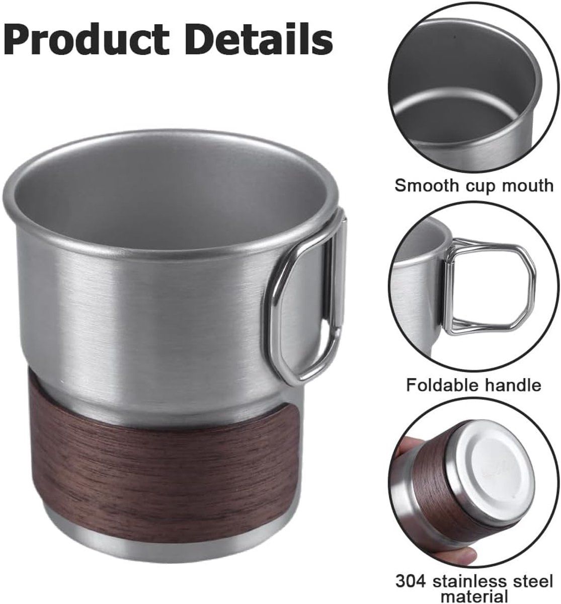 Stainless Steel Camping Mug 330ml Outdoor Cup with Wooden Sleeve Foldable Handle for Hiking Silver, 6.5x8x8.5cm