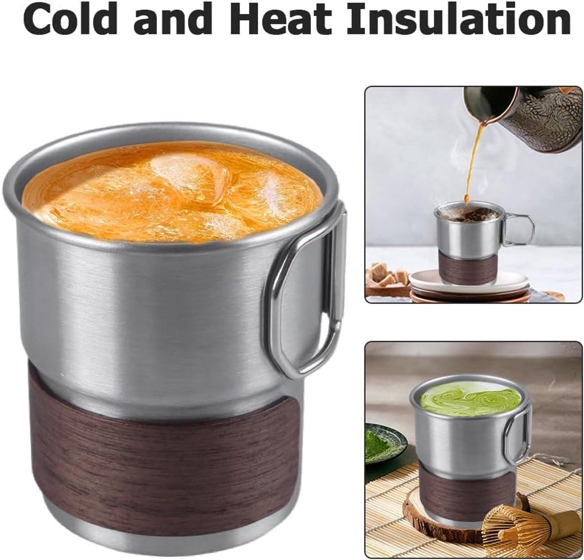 Stainless Steel Camping Mug 330ml Outdoor Cup with Wooden Sleeve Foldable Handle for Hiking Silver, 6.5x8x8.5cm