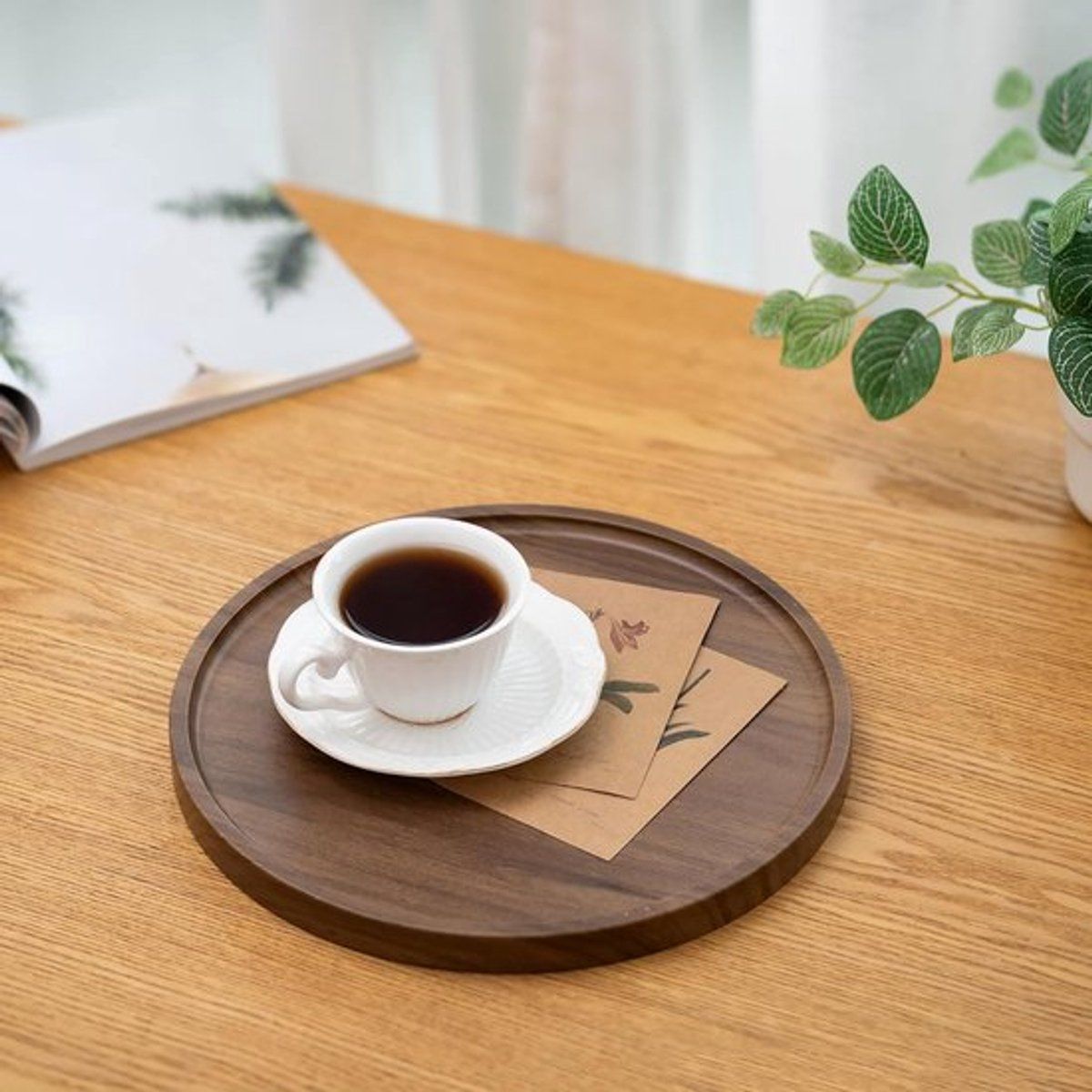 Round Wooden Serving Tray, Decorative Coffee Table Tray for Kitchen Living Room Breakfast, Brown