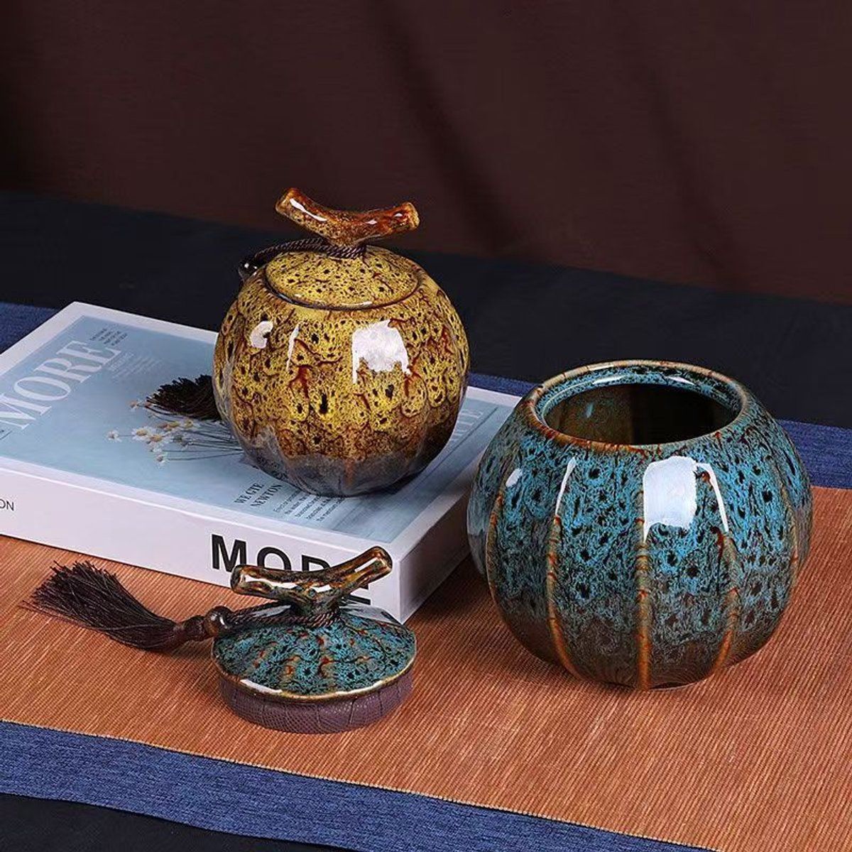 Ceramic Storage Jar with Airtight Lid, Vintage Sealed Canister for Tea Coffee Spices, Yellow, 12.3x10.8x10.8cm