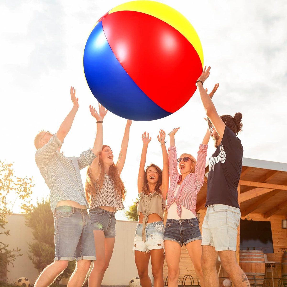 Inflatable Beach Ball XXL Colorful Blue Yellow Red for Swimming Pool Beach and Summer Parties Includes Air Pump, 100 cm Diameter