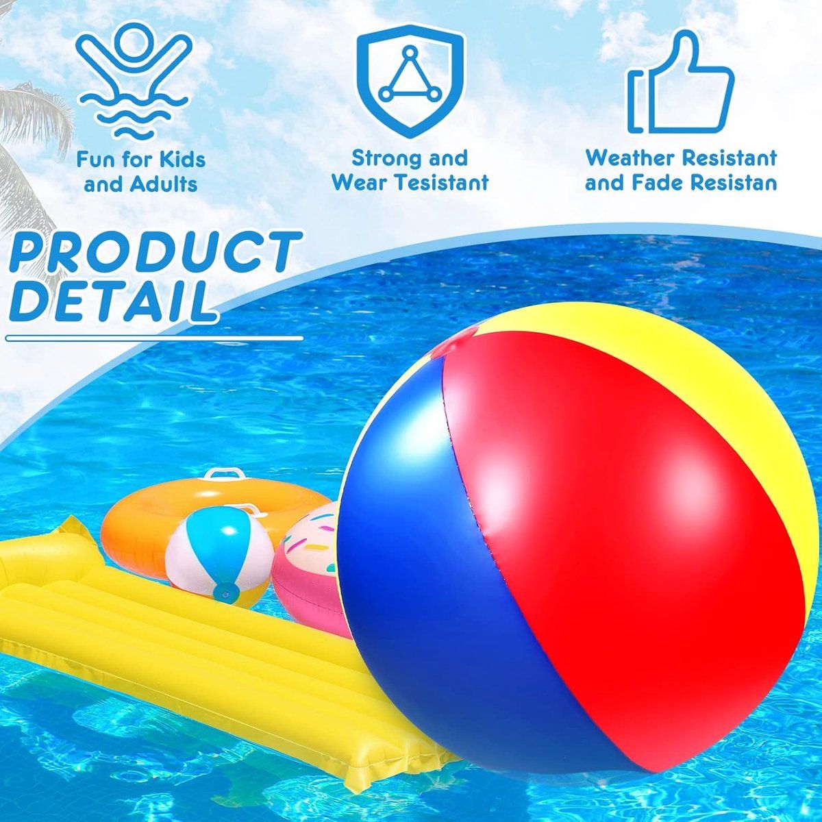 Inflatable Beach Ball XXL Colorful Blue Yellow Red for Swimming Pool Beach and Summer Parties Includes Air Pump, 100 cm Diameter
