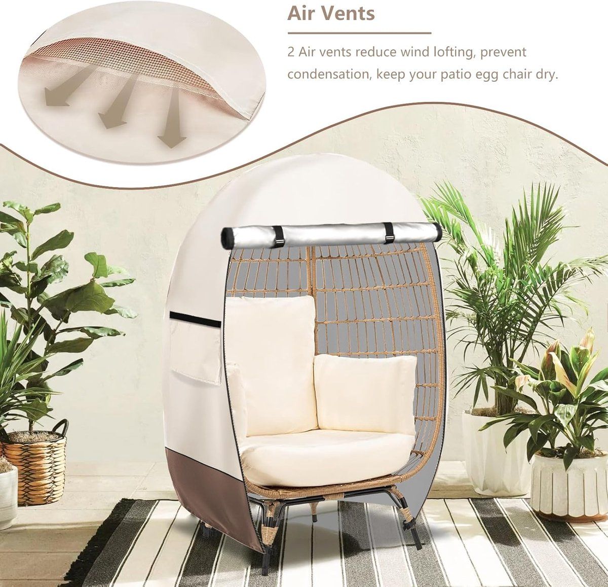 Patio Egg Chair Cover, Waterproof 420D Oxford Windproof Dustproof Cover with Zipper for Outdoor Garden Swing Chair, Universal, Off White