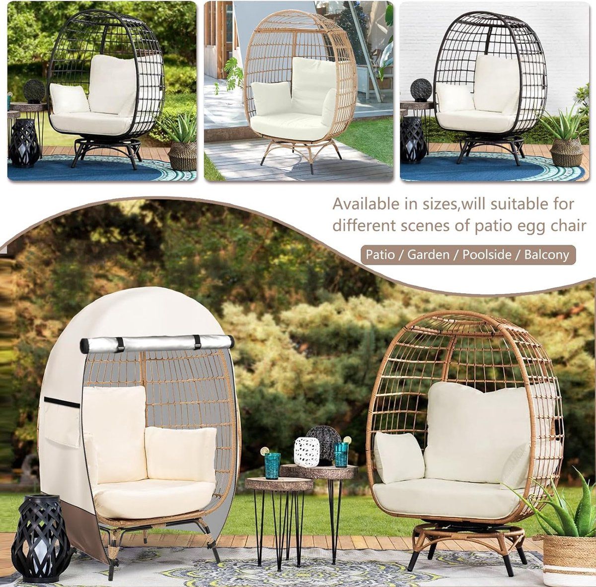 Patio Egg Chair Cover, Waterproof 420D Oxford Windproof Dustproof Cover with Zipper for Outdoor Garden Swing Chair, Universal, Off White