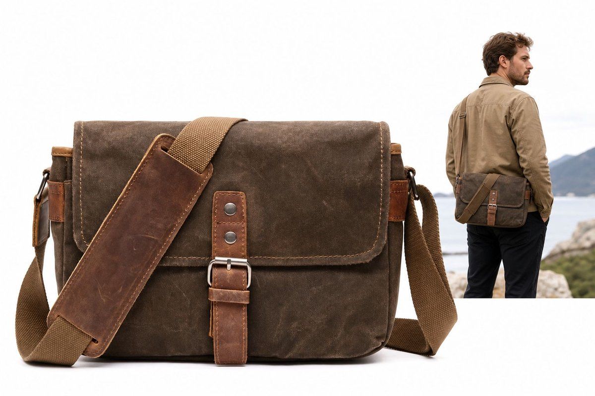 Waterproof Waxed Canvas Camera Bag, Retro Leather Crossbody Messenger Bag for DSLR Camera and Accessories, Vintage Brown