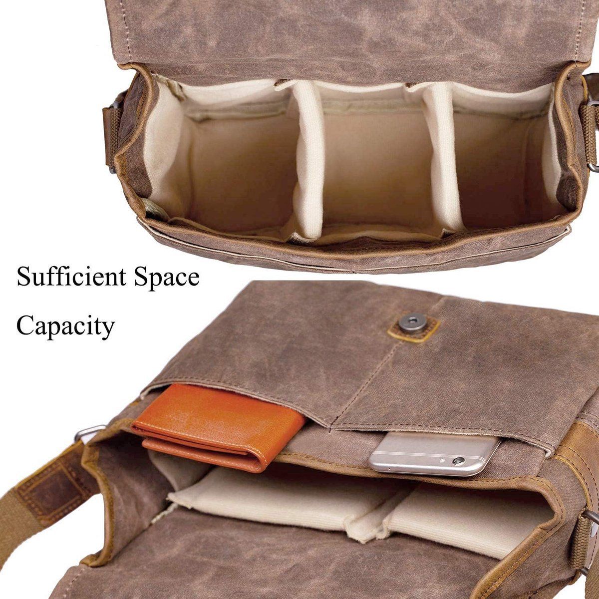 Waterproof Waxed Canvas Camera Bag, Retro Leather Crossbody Messenger Bag for DSLR Camera and Accessories, Vintage Brown