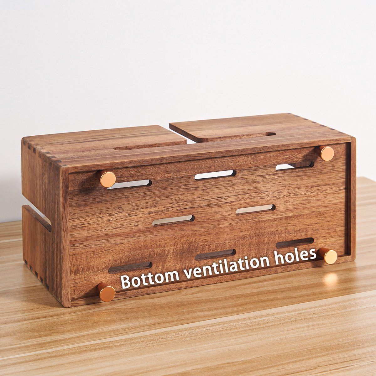 Cable Organizer Box Wooden Cable Management Box with Metal Feet for Desk and Office Acacia Wood Wood Color, 31 x 13.5 x 13 cm