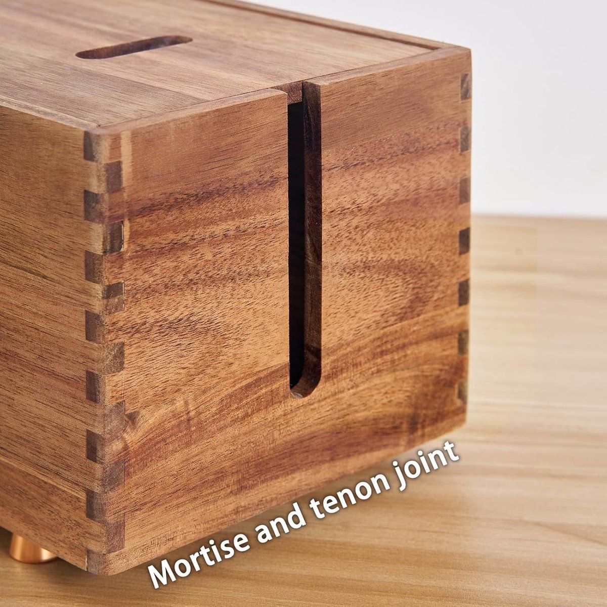 Cable Organizer Box Wooden Cable Management Box with Metal Feet for Desk and Office Acacia Wood Wood Color, 31 x 13.5 x 13 cm