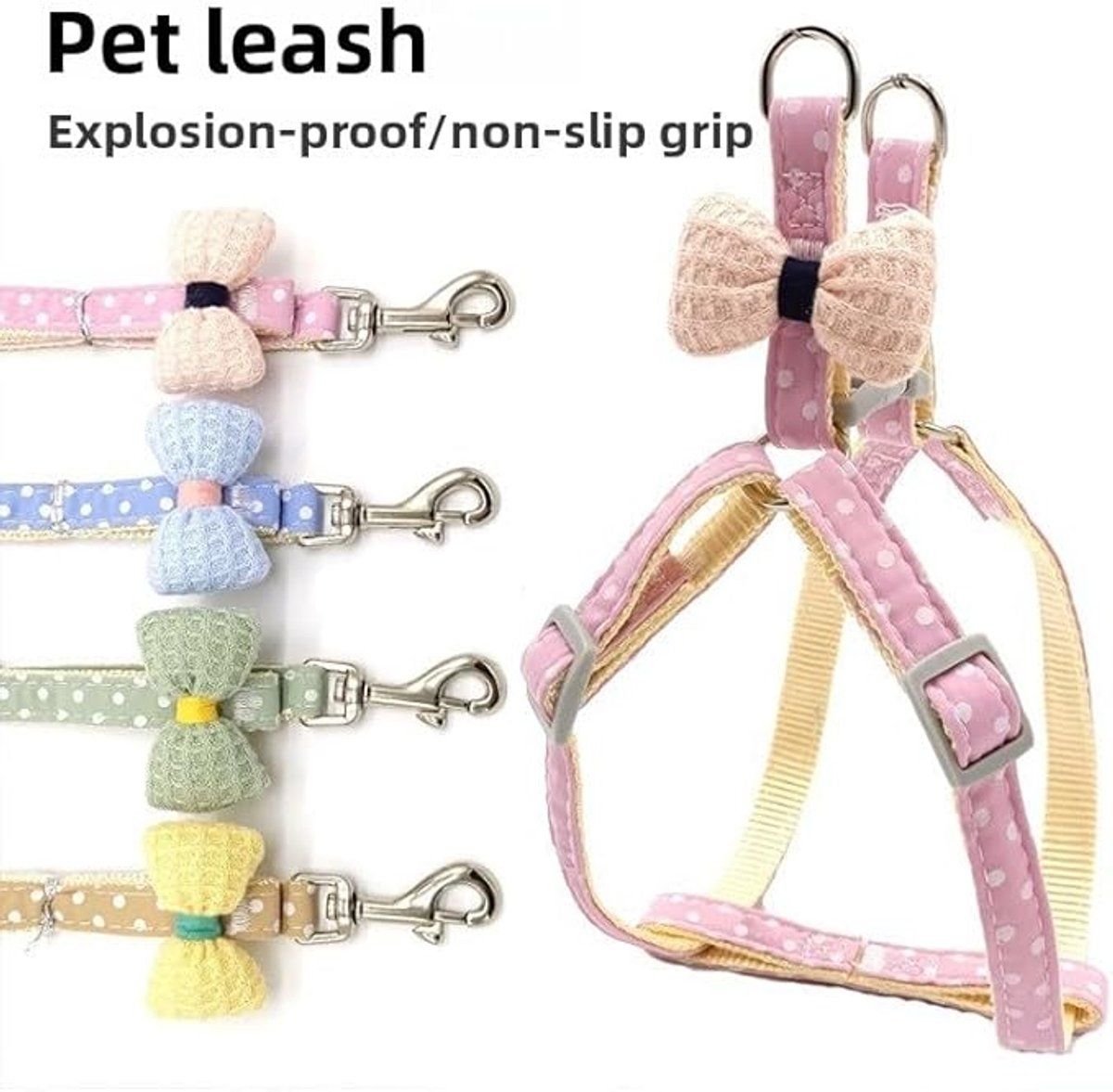 Polka Dot Dog Harness with Leash, Cute Bow Anti Pull Adjustable Pet Vest Harness for Puppies and Kittens