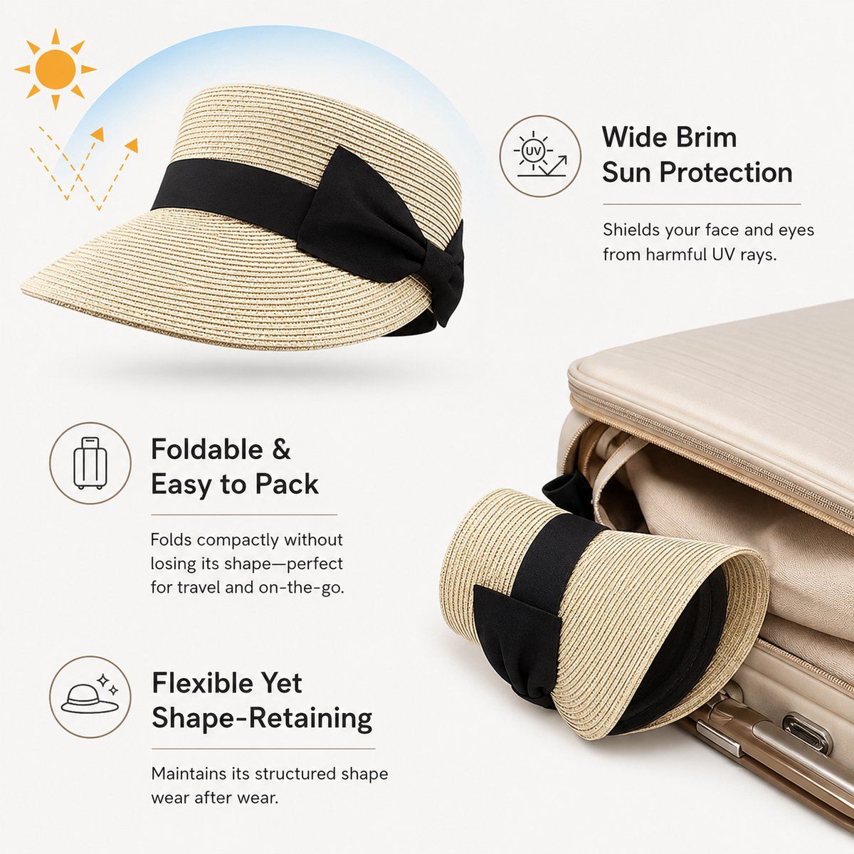 Women Straw Sun Visor Hat with Bow, Trendy Summer Beach Cap for Travel and Outdoor Activities, Khaki