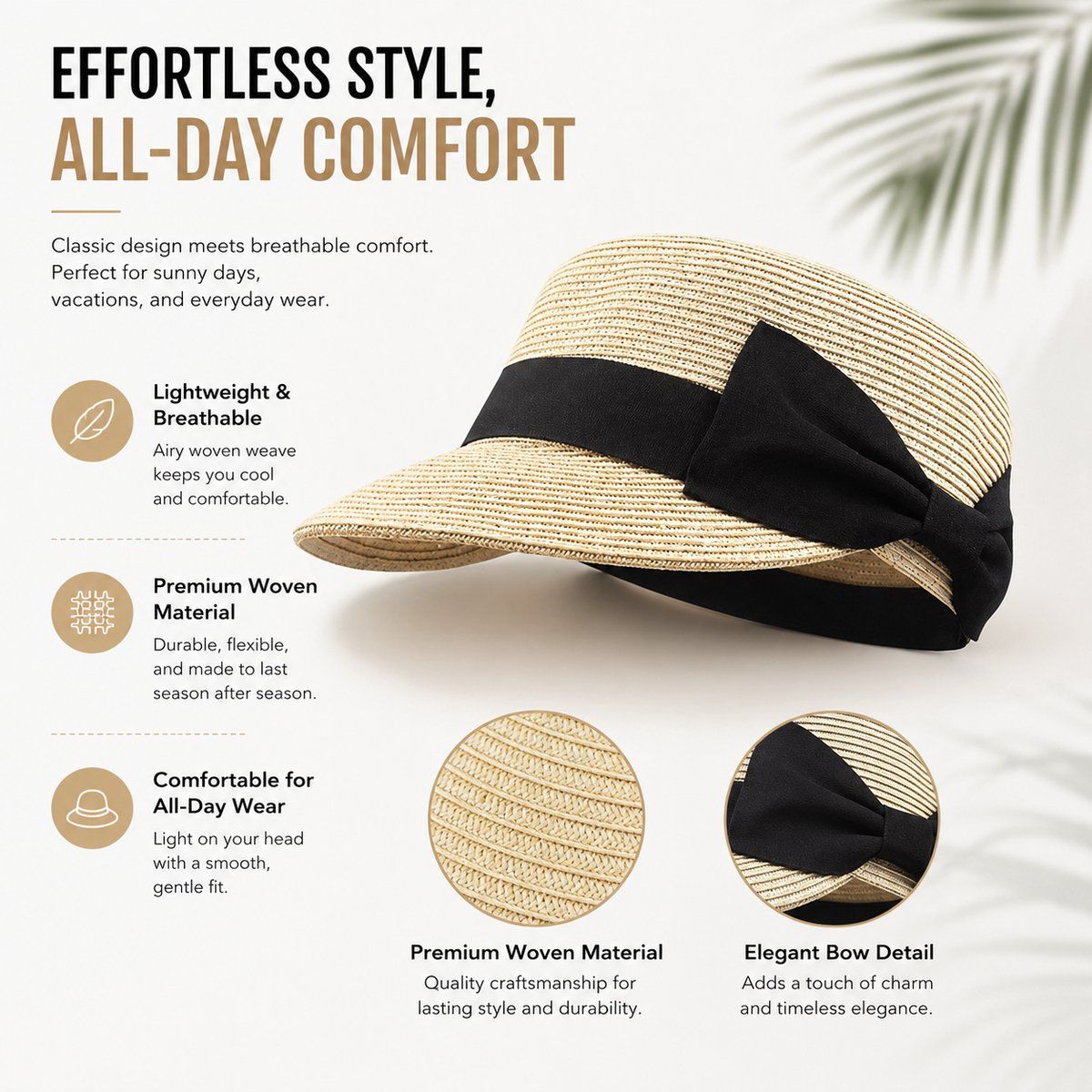 Women Straw Sun Visor Hat with Bow, Trendy Summer Beach Cap for Travel and Outdoor Activities, Khaki