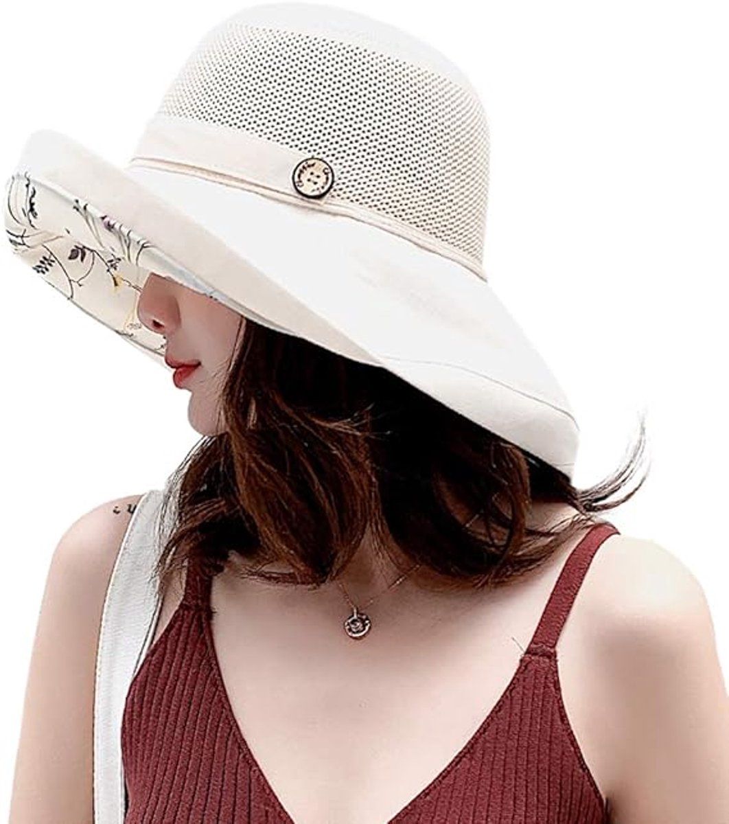 UPF 50+ Sun Hat for Women with Mesh Ventilation, Wide Brim, Adjustable Chin Strap, Foldable Summer Beach Hat for Hiking and Gardening, Beige
